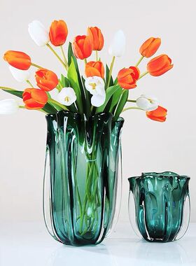 现代轻奢绿色琉璃花瓶水培花瓶客厅餐桌样板房插花高档花瓶软装饰