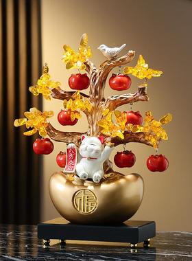 新中式高档鹿居摆件客宝厅玄关招财猫钱发财摇树元装饰乔金色招财
