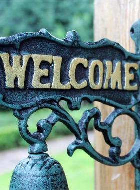 欧无品牌/乡村复古欢光临双迎面挂牌门牌铁铁铸艺门铃北手摇铃铛