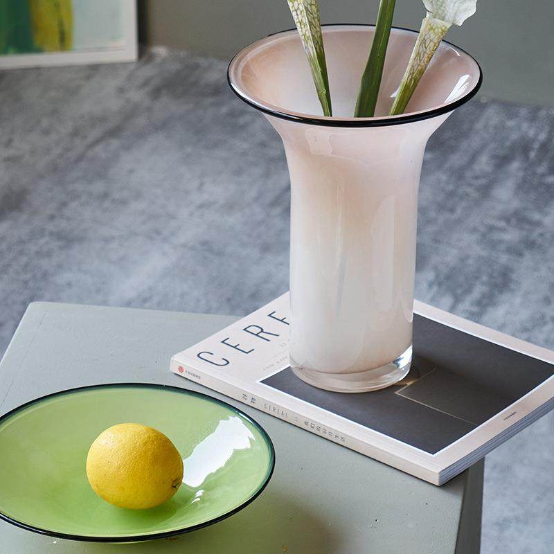 北欧风瓷粉黑边敞口花瓶鲜花餐桌电视柜简约创意手工家用玻璃果盘,淘宝优惠券,粉丝福利购,淘宝优惠卷