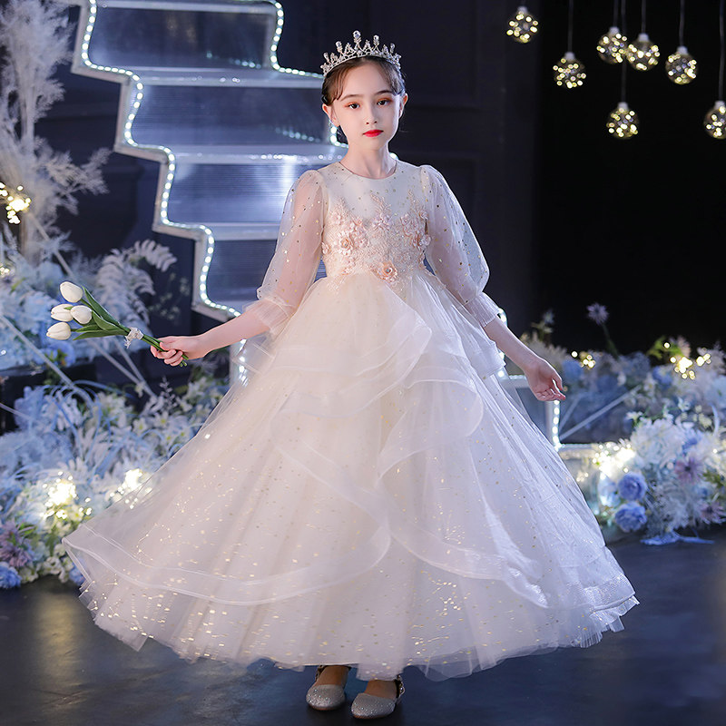 儿童礼服公主裙女童生日香槟色花童婚纱主持人钢琴演出服长袖秋冬,淘宝优惠券,粉丝福利购,淘宝优惠卷