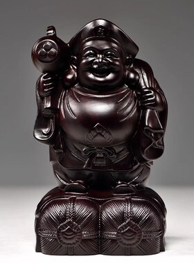黑檀实木大黑天摆件木雕刻佛门护发神七福福财神佛像家居摆设送礼
