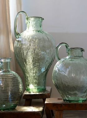 透明玻璃花瓶锤纹感细口单耳客厅餐桌吊钟马醉木插花花器摆件北欧