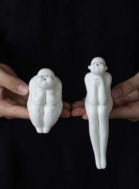 创意手工陶瓷人物丑萌小摆件禅意家居客厅办公室书房工艺品装饰品