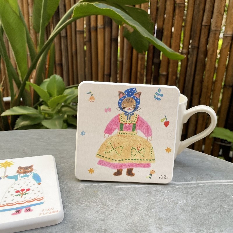 树下盒 日式森系复古裙子猫咪硅藻泥杯垫方形隔热防烫卡通餐垫 - 图1