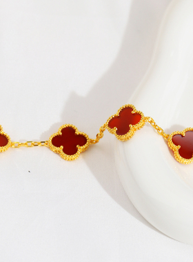 金包银红玛瑙四叶草手链女轻奢