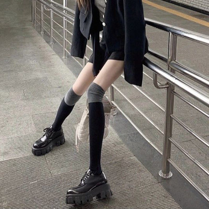 秋冬黑灰拼接色过膝袜学院风小腿袜拼色袜子女JK长筒显瘦压力棉袜,淘宝优惠券,粉丝福利购,淘宝优惠卷