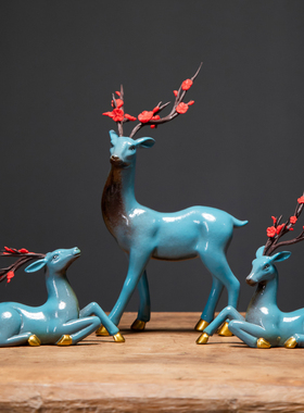 一鹿高升梅花鹿陶瓷摆件招财家居客厅送礼创意书房桌面工艺品装饰
