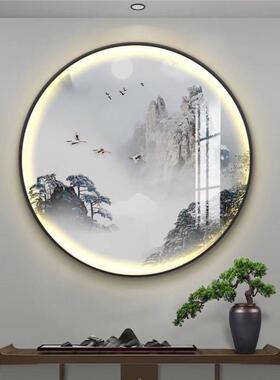 新中式圆形灯玄关书房背景装墨饰画画水风景意山水UVY境茶室圆挂