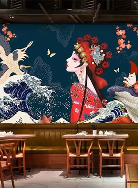 国潮中国风饭店墙纸火锅店装饰贴画烧烤串串壁纸京剧脸谱墙贴定制