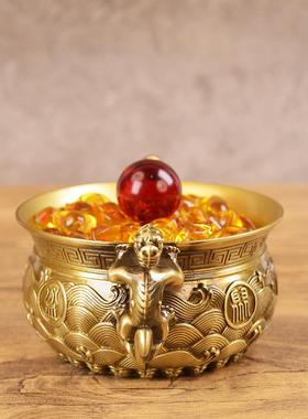 宏达聚全黄铜双龙宝双龙聚宝盆办公玄关聚宝盆室品铜器礼摆件