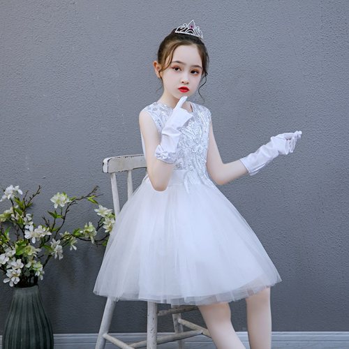 女童公主裙儿童蓬蓬纱裙白色礼服钢琴六一演出服毕业表演服装夏装 - 图2