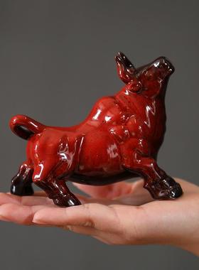 创意陶十二生式肖红色牛摆件家居博20192架桌面装瓷饰品新中办公