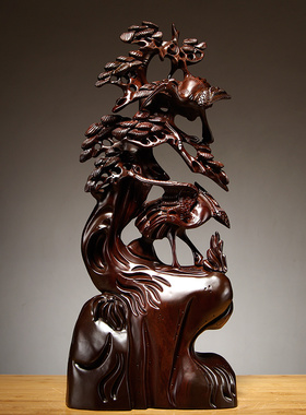 黑檀木松鹤延年根雕装饰送礼贺摆件客厅寿红木家居雕刻工艺品生日