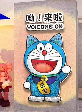 店门口吸引人机器猫摆件卡通装饰画理发店奶茶咖啡馆墙面布置挂画