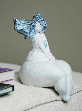 手工抽象人物KLV海蓝色摆女孩陶瓷雕塑边玄创关意艺术装饰品工艺