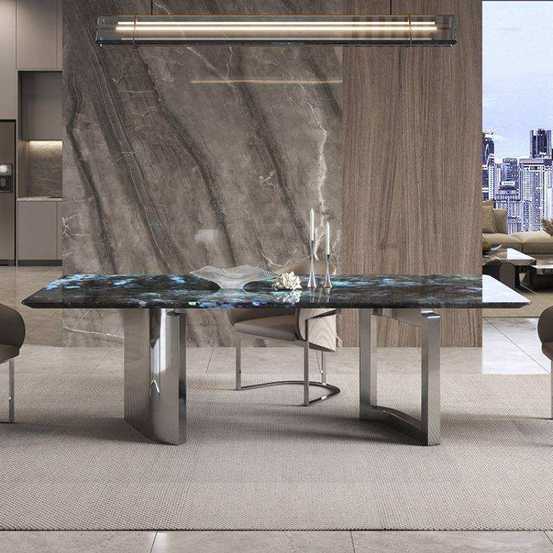 蓝翡翠大石方餐桌奢高端理家用小户型长形微晶石奢轻石餐桌8089餐 - 图0