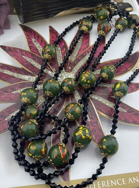 蜜南中古Vintage老料子绿凤眼琉璃搭小串珠金箔花瓣长款琉璃项链