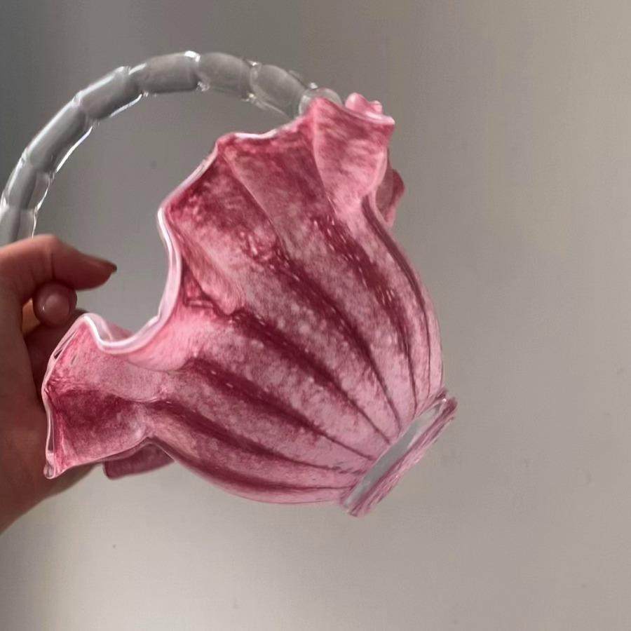 法式中古手作粉色芬顿玻璃褶皱裙边小提篮果盘样板间桌面轻奢摆件,淘宝优惠券,粉丝福利购,淘宝优惠卷