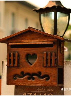 信泰国木制箱墅挂墙信报箱复古创意tfgj#j#u家用意装饰箱邮报别箱