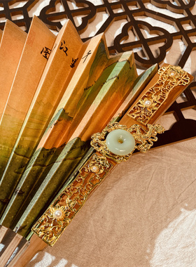 棕竹折扇手工扇骨宣纸千里江山扇子中国风文玩汉服男配饰旗袍古典