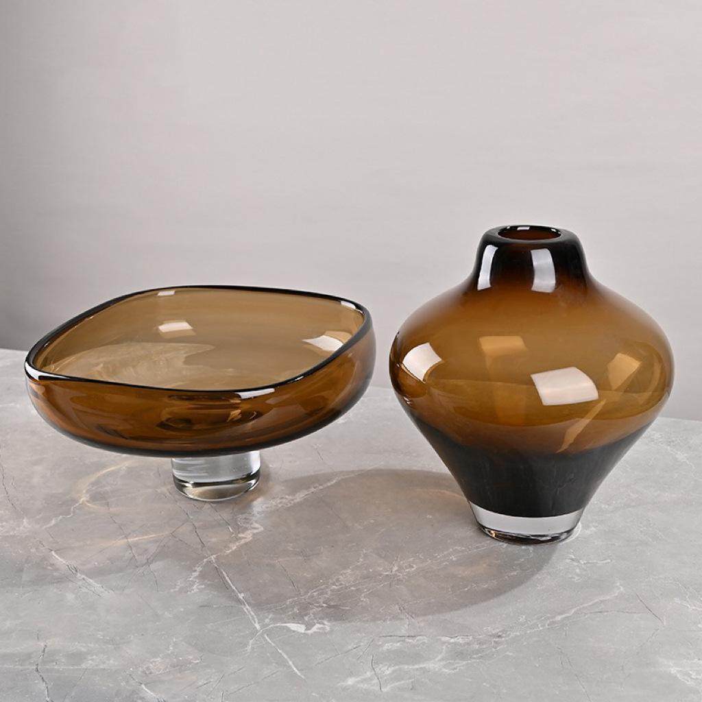 现代轻奢茶色琉璃花瓶果盘套装摆件酒店样板间玄关桌面软装饰品,淘宝优惠券,粉丝福利购,淘宝优惠卷