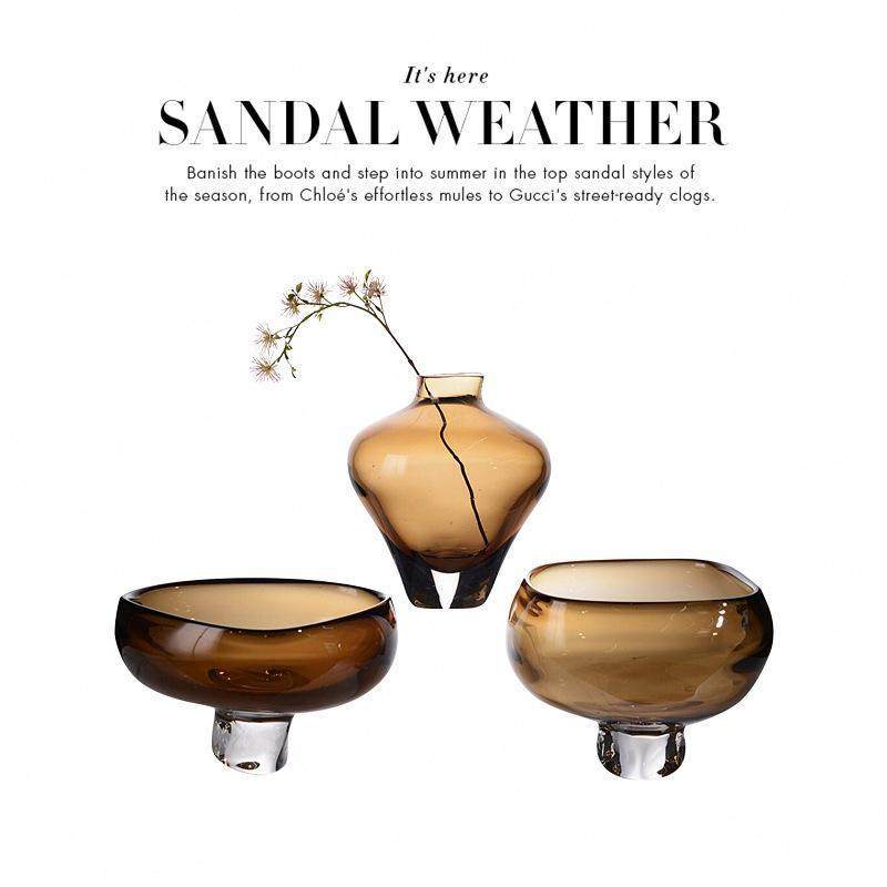 现代轻奢茶色琉璃花瓶果盘套装摆件酒店样板间玄关桌面软装饰品,淘宝优惠券,粉丝福利购,淘宝优惠卷