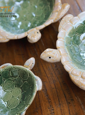 可爱彩色釉陶瓷摆件小乌龟盆钥匙糖果盘烟灰缸镇宅工艺品
