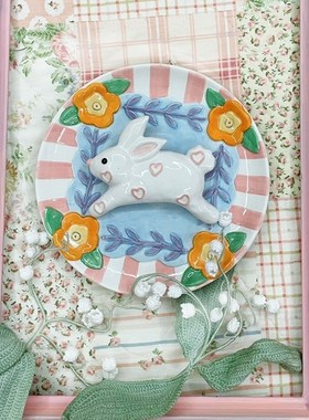 铛哩铛vintage手绘陶瓷兔子花朵装饰挂盘家居装饰盘子送礼礼物