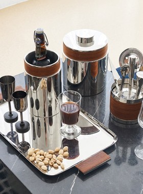 不锈钢银色轻奢风样板间厨房酒柜托盘冰桶储物罐酒吧酒具套装摆件