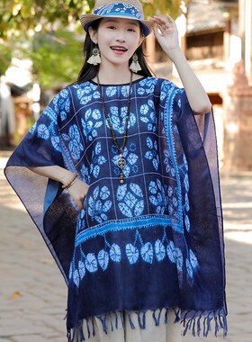云南旅游披肩女复古文艺棉麻套头流苏外套蓝底印染树叶民族风围巾