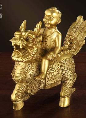 纯黄铜送子麒麟黄铜办摆件双子J02013铜麟一全对家居公麒室摆件厂