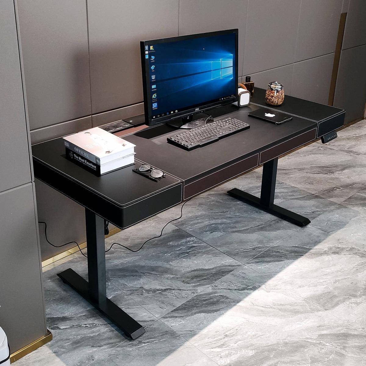 现代简皮约升电动降桌家用电脑桌762#升降马鞍写字作台双电机办公 - 图0