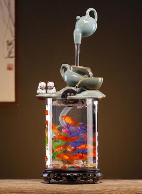 创意悬壶流水生财摆件生态鱼缸玻璃水族箱客厅办公室桌面招财装饰