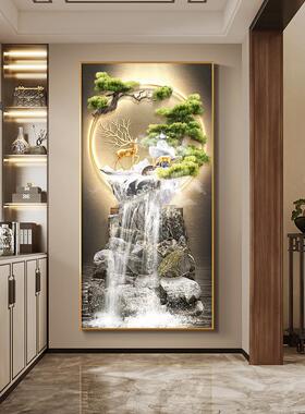 轻奢流水生财走廊尽头挂画带灯光招财鹿玄关装饰画进门正对墙壁画