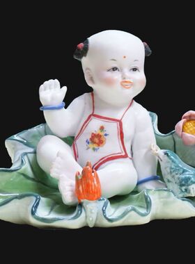 创意陶瓷娃娃家居摆件庆早生贵子荷叶童子结婚礼物小人偶复古怀旧