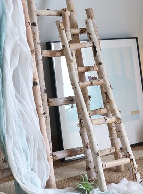 桦木装饰木梯子靠墙摆件拍摄道具橱窗展示花园庭院落地收纳整理架