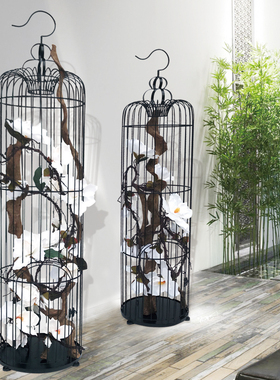 欧式装饰铁艺鸟笼花艺黑白色落y地鸟笼婚庆大号鸟笼样板房摆件鸟