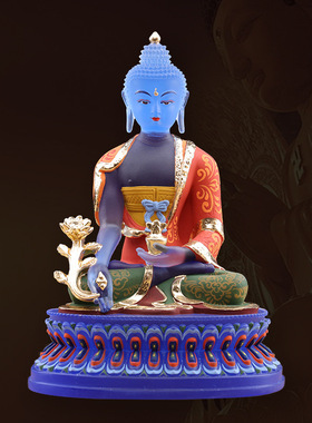 秦歌药师琉璃光如来佛像家用供奉密宗药师佛蓝色琉璃大日如来摆件