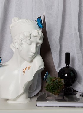 蓝色蝴蝶女孩艺术雕塑雕像人物摆件法式装修复古头像高级软装饰品