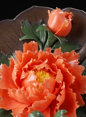 东方泥土手工陶瓷牡丹花瓷盘客厅酒柜书房博古架装饰品开业乔迁礼