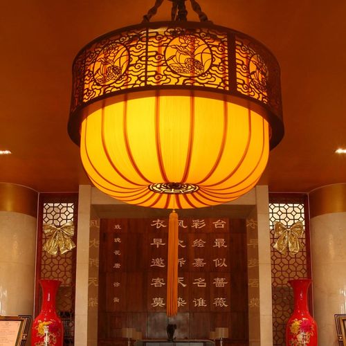 现代中式古典木质布艺灯笼吊灯酒店茶楼会所装饰灯客厅圆形大吊灯 - 图1