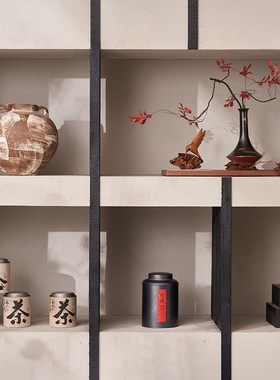 茶室墙壁茶水柜装饰品茶具摆件复古中式样板房陶瓷花瓶茶台小摆设