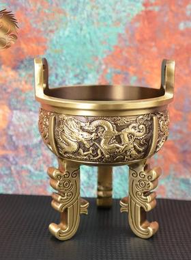 宏达全黄双铜三足鼎龙礼戏珠文铜鼎办公铭室M三足鼎玄关铜鼎品摆