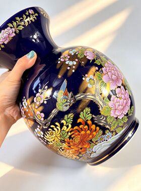 日本回流九谷烧手绘描金陶瓷花瓶 复古花鸟瓷瓶 家居玄关陈列摆件