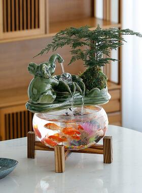 循环流水生财玻璃Ca/PcFd3鱼缸家居客厅电视办柜装饰礼公招财摆件