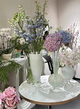 艺法式复古奶玻璃大高脚中古肚风LAX术花瓶高级s花器in软装摆件小