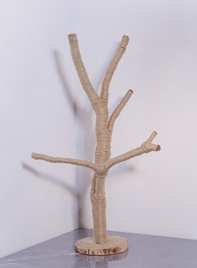 原木树杈带底托摆件树枝 书架客厅茶几摆设 手工麻绳装饰实木支架