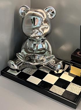 储马毛棋盘托盘入口存化妆品桌面托盘黑色和白色色QLO饰品灰饰装