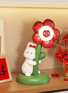 可爱喜庆红花兔长子明灯桌面摆件卧SHBJ2541床室头柜儿童房装饰新